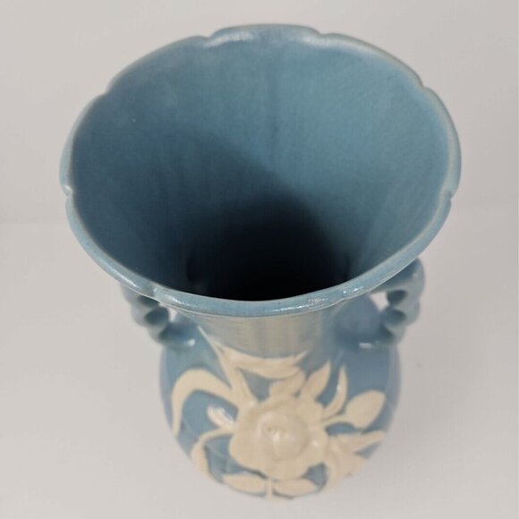 Vintage 1940s Weller Art Pottery Blue White Cameo Flower Vase Large 13" Tall - Picture 7 of 7